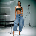 Fashionjeans women's patchworkhigh waist cocoon type scimitar pants retro light blue looseslimming lookshortloose pantsjeans