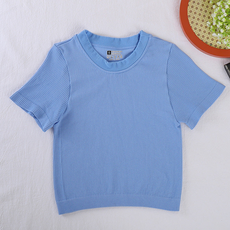 Cross-border new crew neck T-shirt  yoga sports short-sleeved threaded cotton spring and summer pullover short-sleeved top