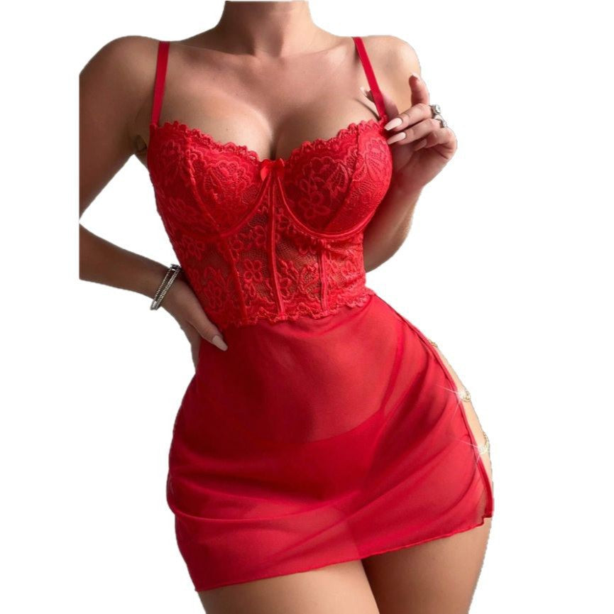 new  fashion cross-border sexy lace mesh patchwork slit semi-sheer see-through lingerie