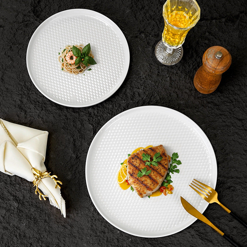 Modern minimalist ceramic steak plate for western cuisine, restaurant, and hotel use - white round porcelain plate, pure white home-use cold dish plate, dinner plate
