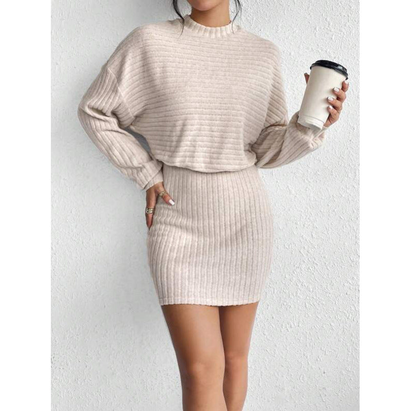 Women's knit set - long sleeve crewneck crop top and slim mini skirt outfit, autumn/winter collection