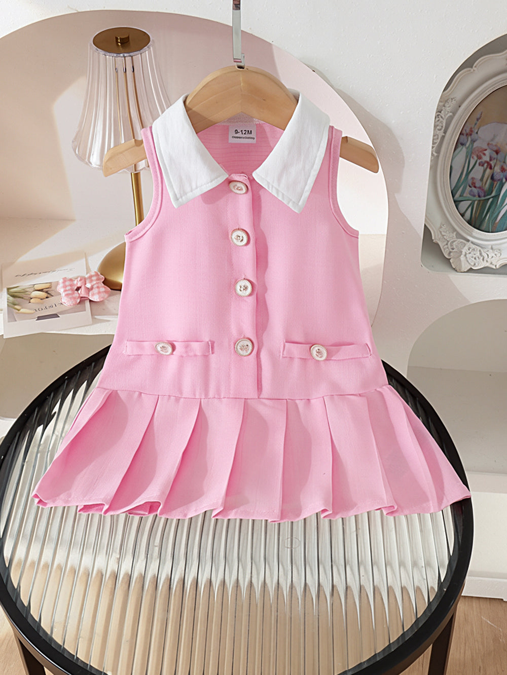 Baby clothing kids set children outfit white collar pink dress