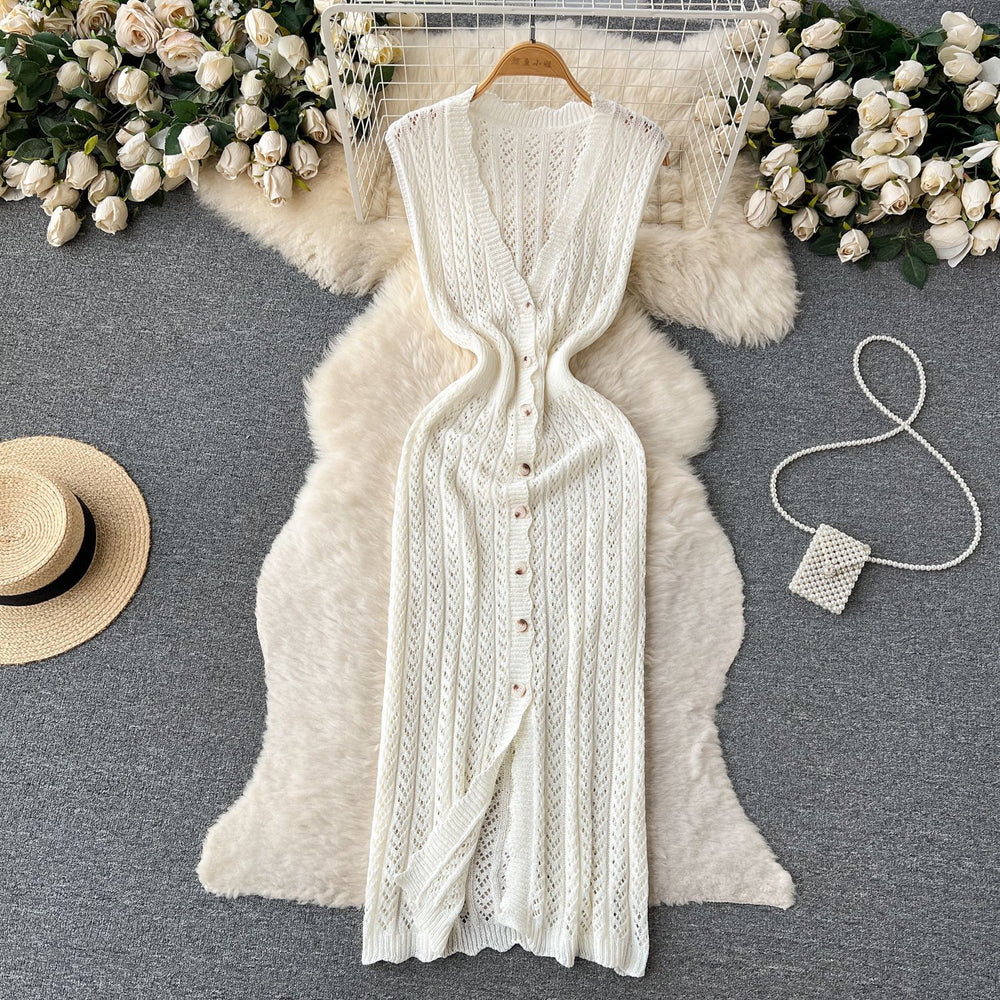 Summer korean chic slimming crochet sleeveless dress - women's single-breasted v-neck bodycon slit maxi dress