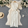 Summer korean chic slimming crochet sleeveless dress - women's single-breasted v-neck bodycon slit maxi dress