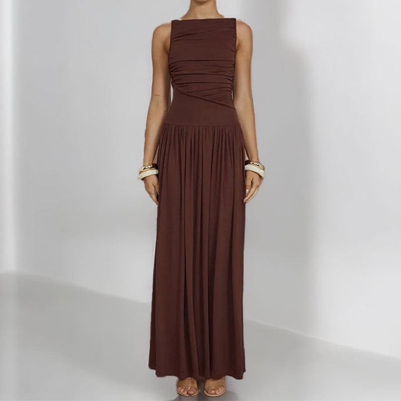 summer new women's fashion: european and american cross-border dress - elegant, slim-fit, solid color pleated maxi dress