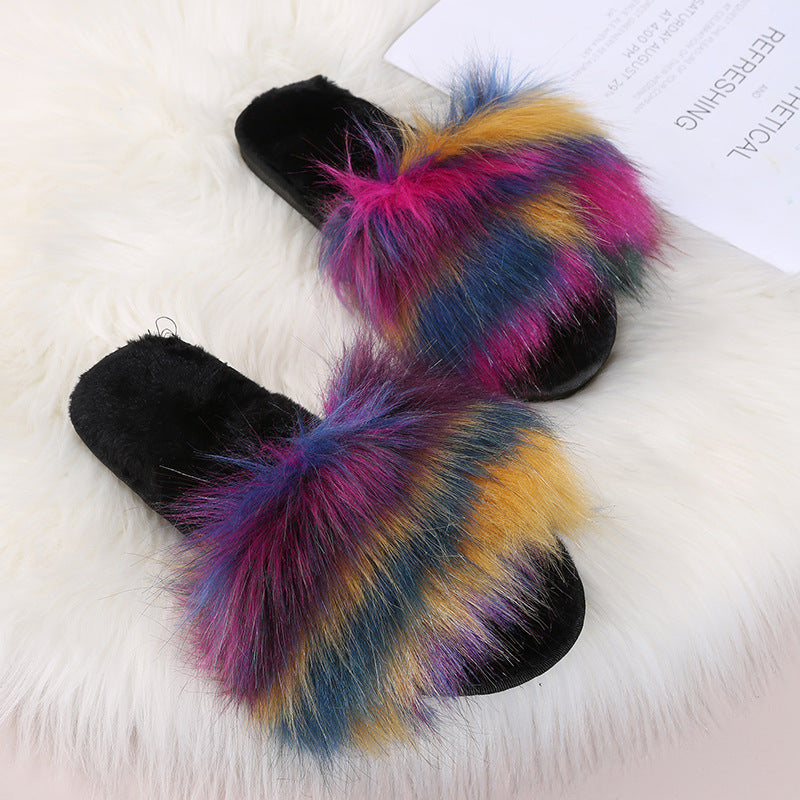 Wholesale fur slippers from fur manufacturers: home-friendly faux fox fur one-piece slippers, new fashionable plush slippers for autumn and winter