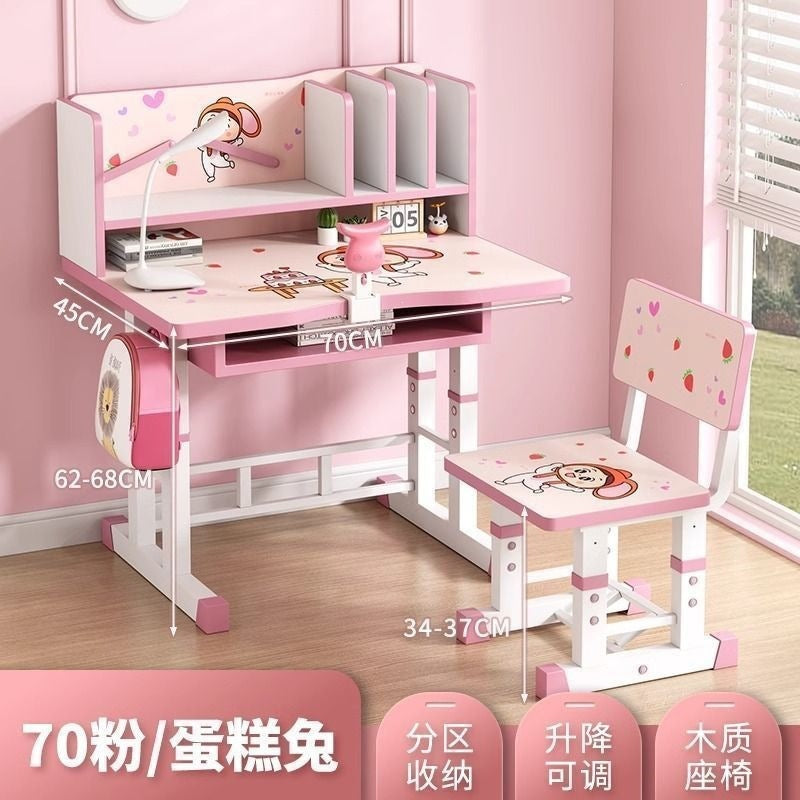 Student home desk set - kids' study table with bookshelf, adjustable height, storage, and chair combination
