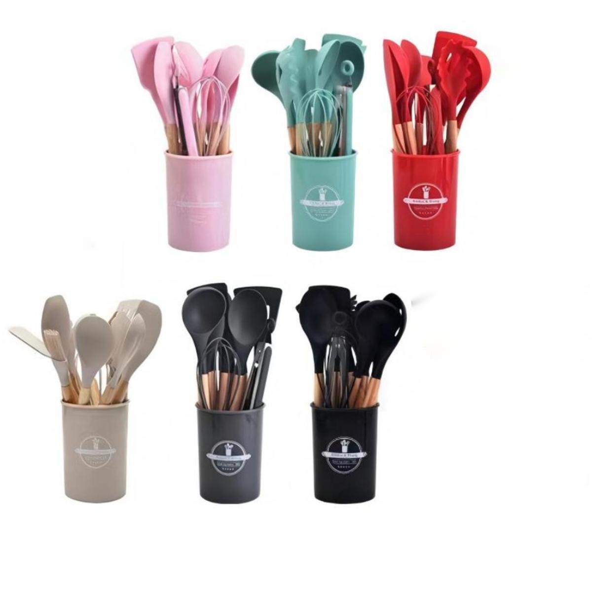Cross-border twelve-piece set of colored wooden handle silicone kitchenware set to store food-grade high temperature resistant spatula spoons in stock