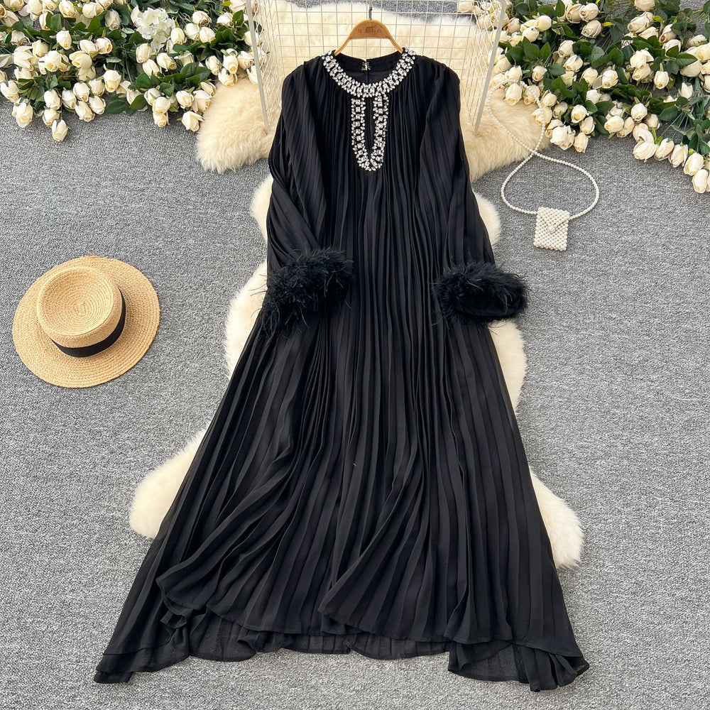 European and american cross-border  autumn new arrival: elegant solid color dress - round neck, rhinestone embellished, loose fit, faux fur trim, pleated maxi dress