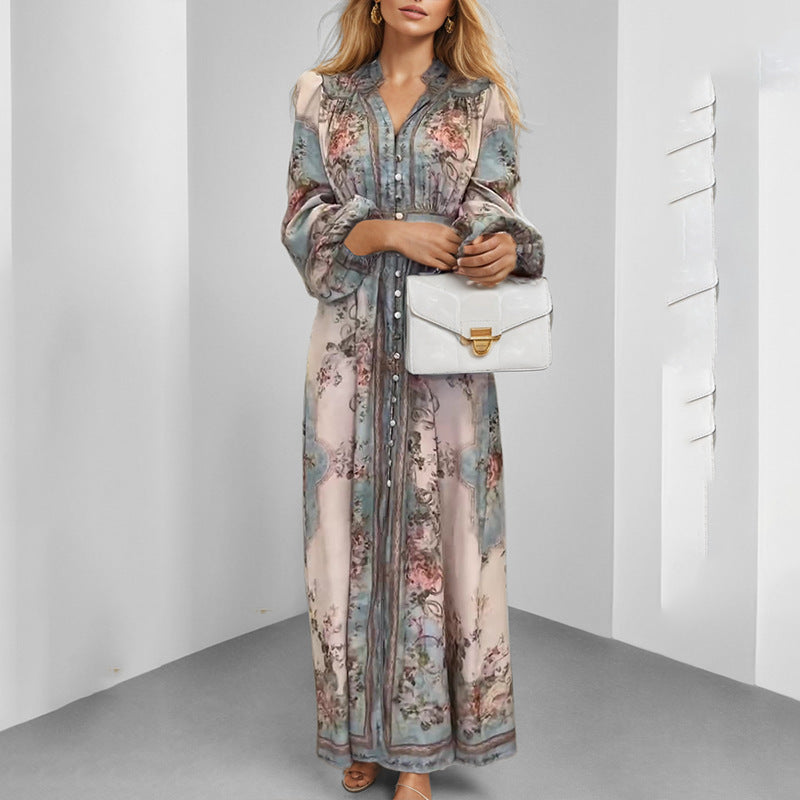 summer new women's clothing cross-border  fashion retro palace v-neck long sleeve printed swing dress