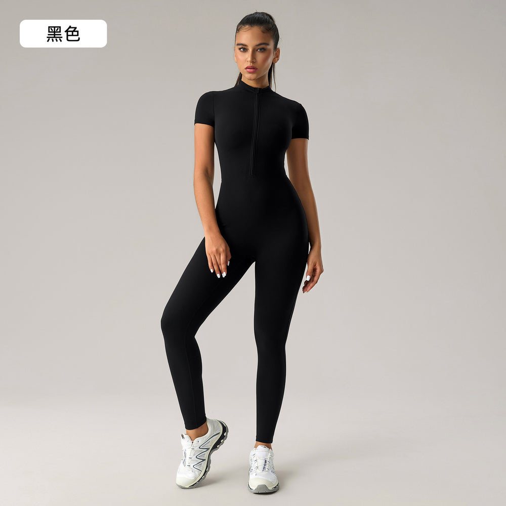 European and american nude feel zipper short sleeve yoga bodysuit - tummy control, butt lift, slimming workout leggings - dlt001
