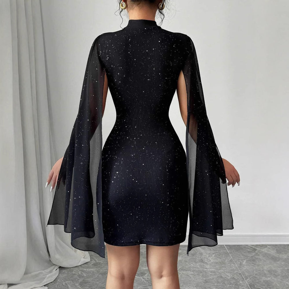 European hot girl dress - sparkling print, high neck, lantern sleeves, bodycon, sexy bodycon skirt