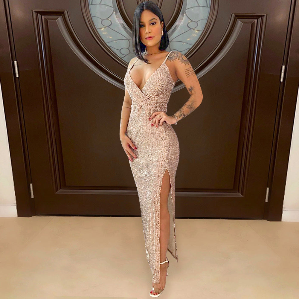 S390207 Cross-border  Women's Sexy, Suspender V-Neck Sequins Party High Waist Split, Dress Women