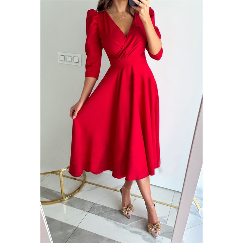 fashion women's clothing:  spring collection - solid color v-neck, cinched waist, pleated maxi dress
