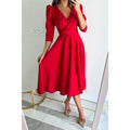 fashion women's clothing:  spring collection - solid color v-neck, cinched waist, pleated maxi dress