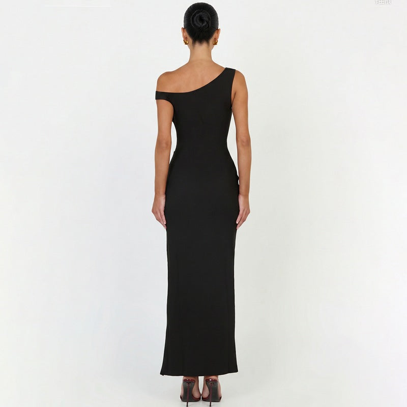 european and american women's clothing:  autumn new arrivals - fashionable, elegant, solid color, sleeveless, off-the-shoulder, sexy slit dress for women