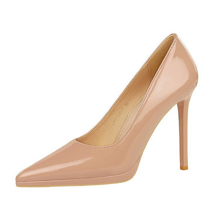 Patent leather high heels for women new arrivalfrenchelegant pointed toe waterproof platform non-tiring feet stiletto work clothingflats nude flats