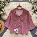 Korean style commute chic red and white striped breathable & skin-friendly shirt - women's summer short sleeve loose fit cardigan casual top
