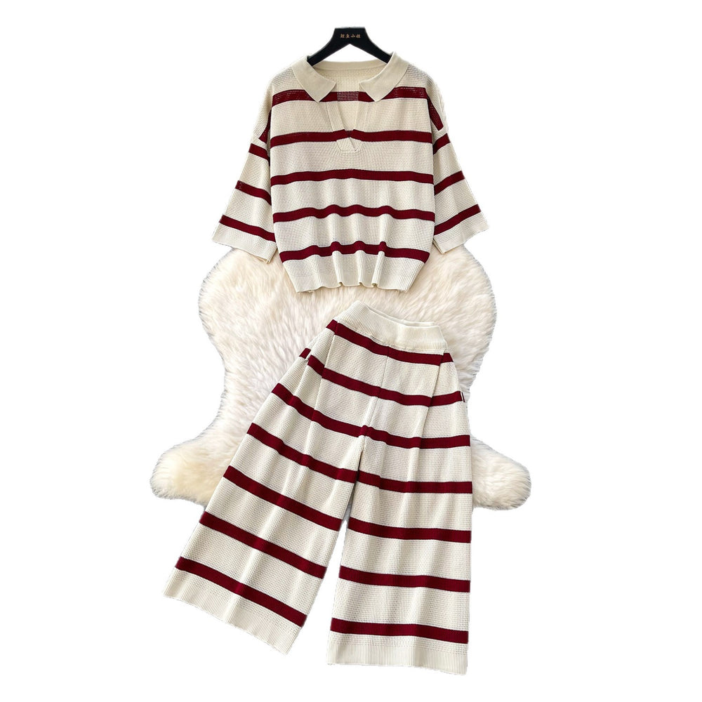 Lazy style stripesv-neck two-piece set women's summernew arrivalwork clothing style round neck topshigh waist pantsslimming looksuit