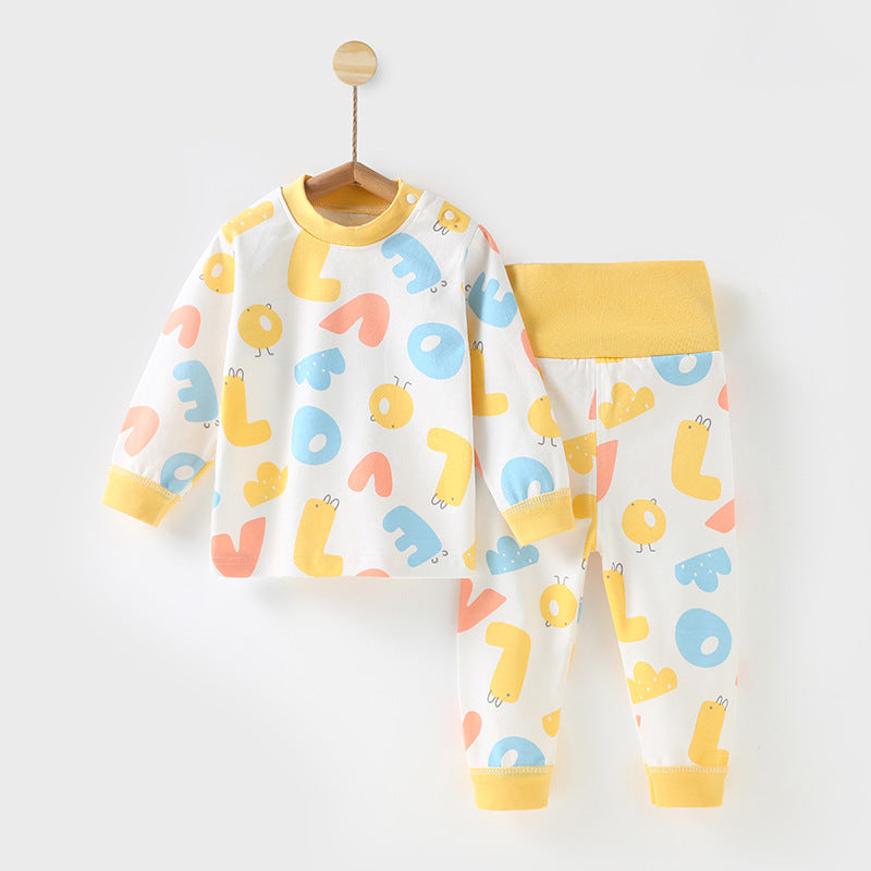 Baby autumn clothes suithigh waist belly protection men and women baby children long sleeves separates pajamas autumn pants pure cotton kidssuit
