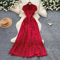 Vintage red short-sleeve polka dot dress - a versatile summer staple: high-waisted a-line, work-ready, slimming maxi dress