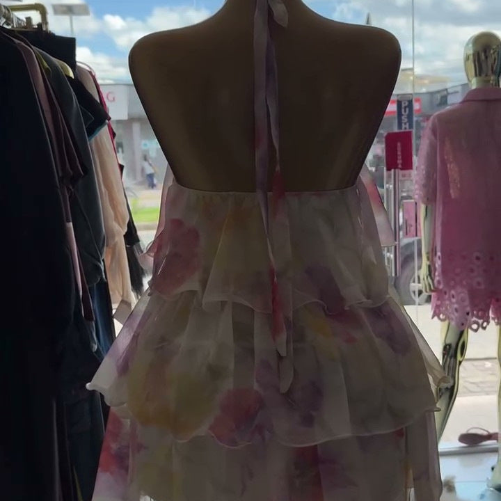 European and american cross-border women's fashion:  summer new arrivals - sweet and fresh halter neck printed tiered dress, camisole dress