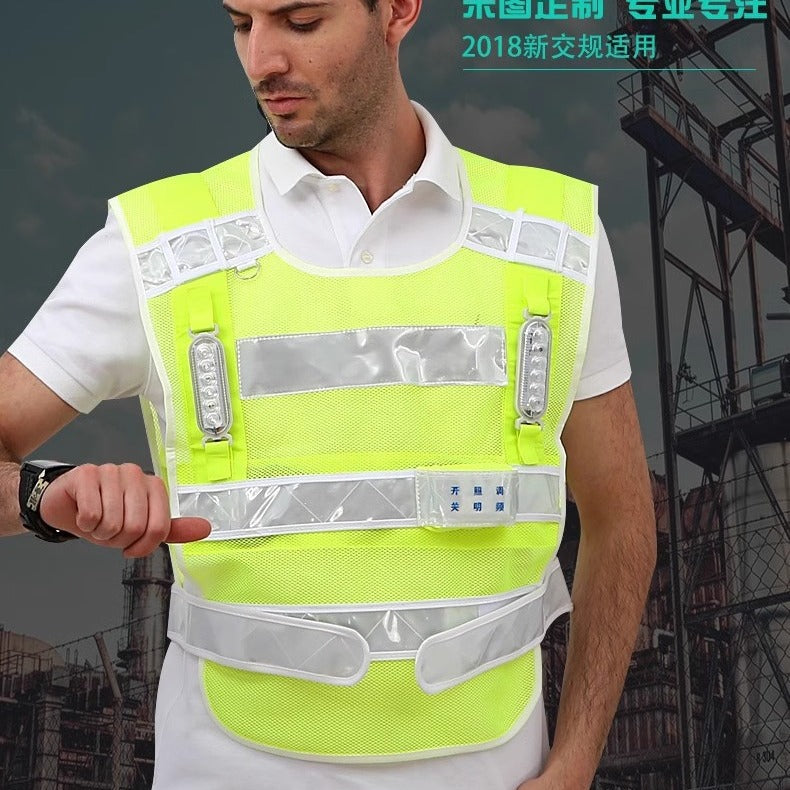 Breathable red and blue flash vest highway patrol construction vest printing LED rechargeable reflective vest with flash light