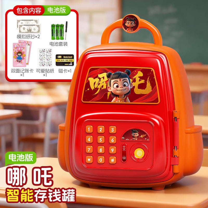 Nezha school bag piggy bank boy good-looking password lock kids toy artificial fingerprint only goes in and out of large capacity