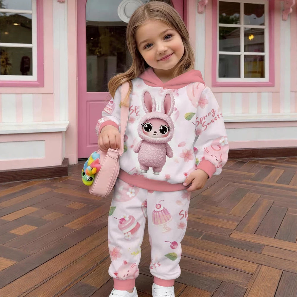 Kids' hoodie set, cross-border hot-selling cartoon animal print girls' fashion hooded sweatshirt and sweatpants set