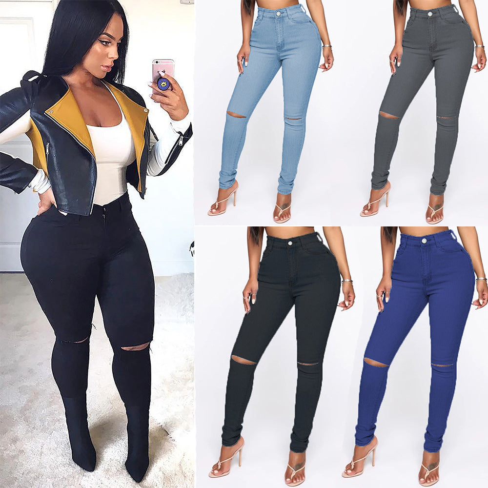 Wish ripped jeans women's sexy tight pants cross-border fashion stretch jeans plus size skinny jeans pants