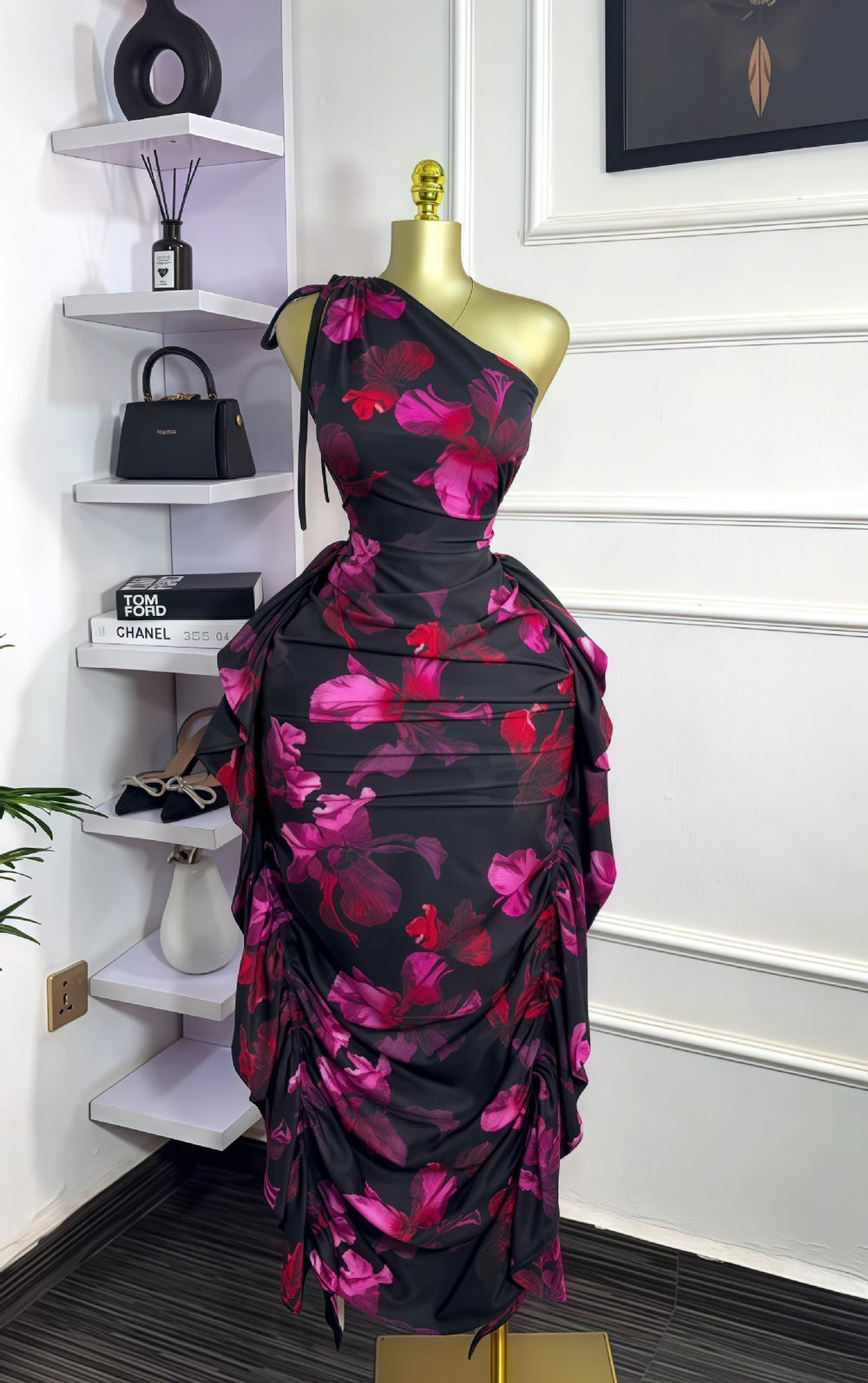 European and american cross-border women's fashion  summer new sleeveless one-shoulder asymmetrical neckline printed tie-up ruffle trim bodycon dress
