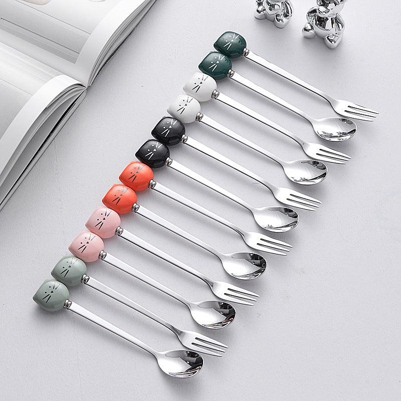 Cute cartoon stainless steel ceramic spoon ice cream scoop soup spoon wholesale fruit fork spoon high-value mixing spoon