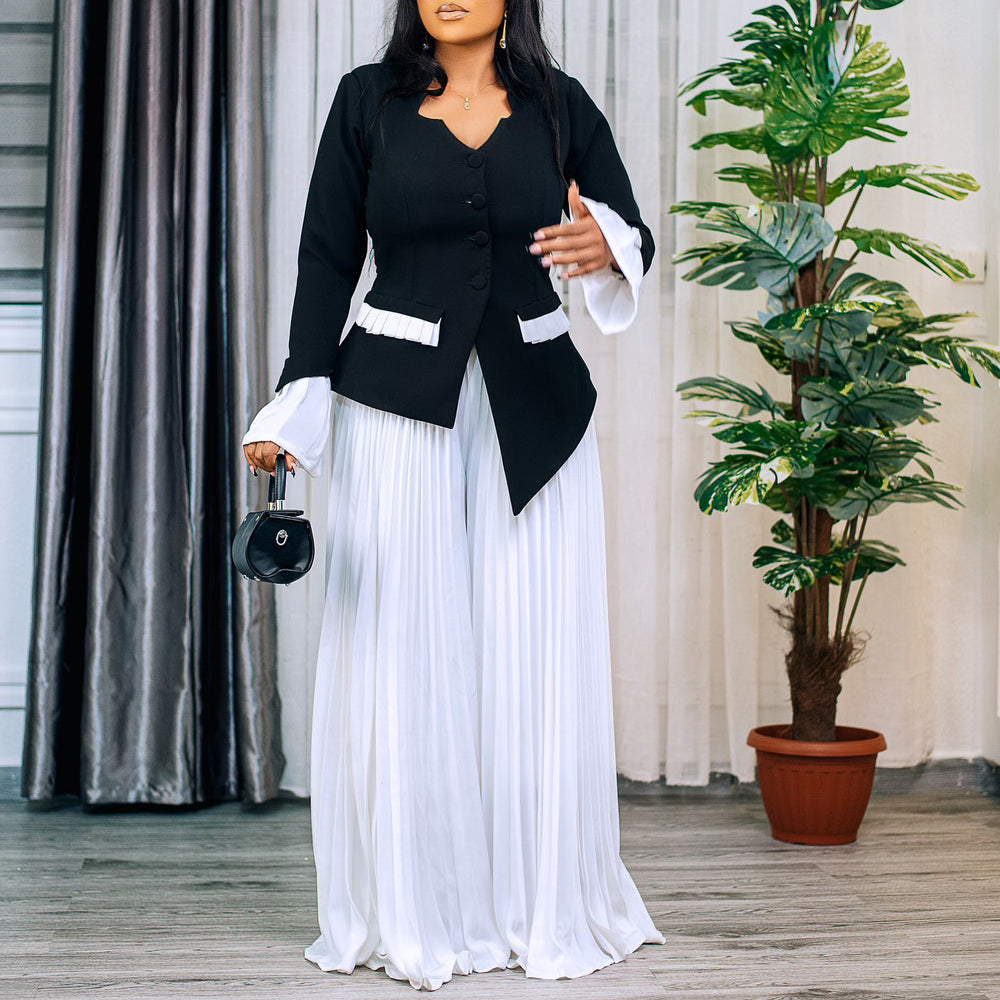 D553 women's foreign trade spring  new fashion flared sleeve top and pleated wide-leg pants set - african two-piece outfit