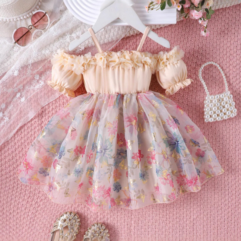 Girls' fashion off-the-shoulder floral mesh patchwork dress
