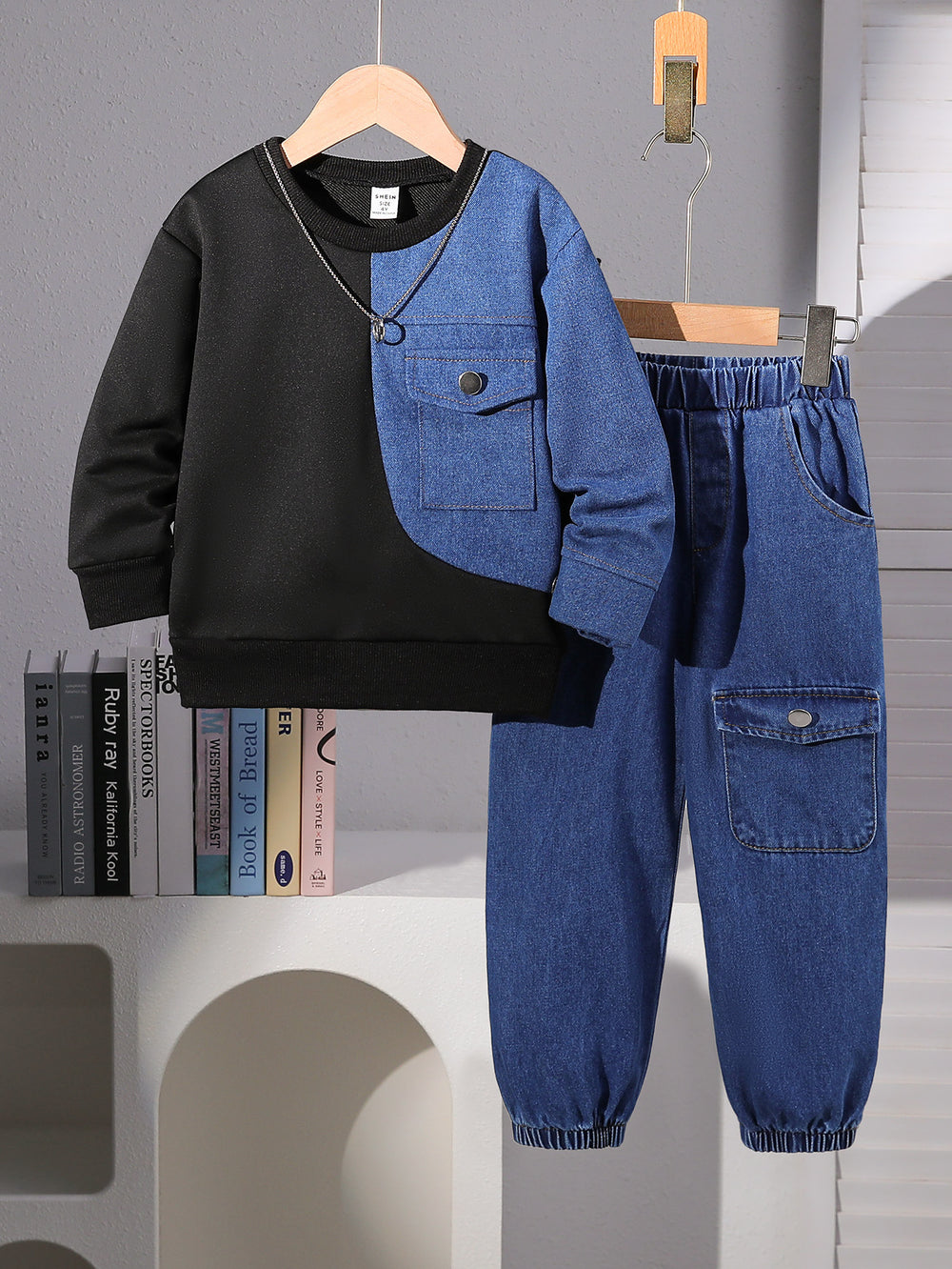 children's autumn and winter denim suit black round neck denim patchwork sweatshirt + denim pants suittwo-piece set
