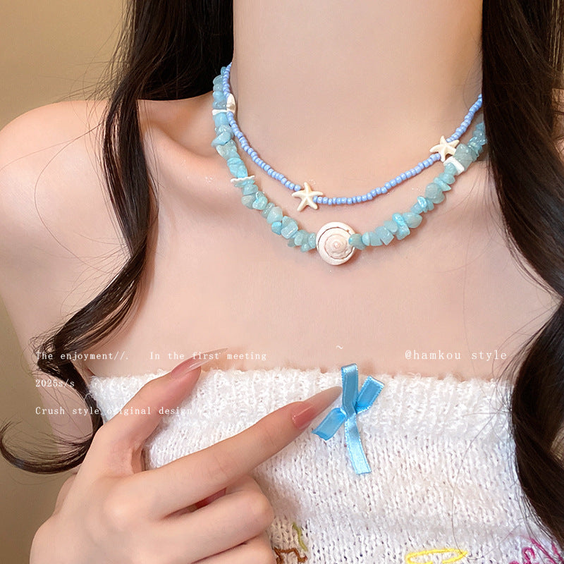 Seashell starfish blue beaded necklace - unique design, trendy clavicle chain, perfect for spring/summer beach getaways