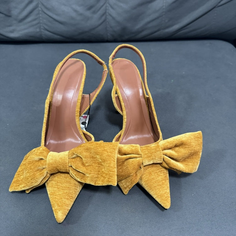 Z brand bow-embellished velvet pointed-toe mules, yellow high heels, 2024 spring new collection, low-cut fashion sandals
