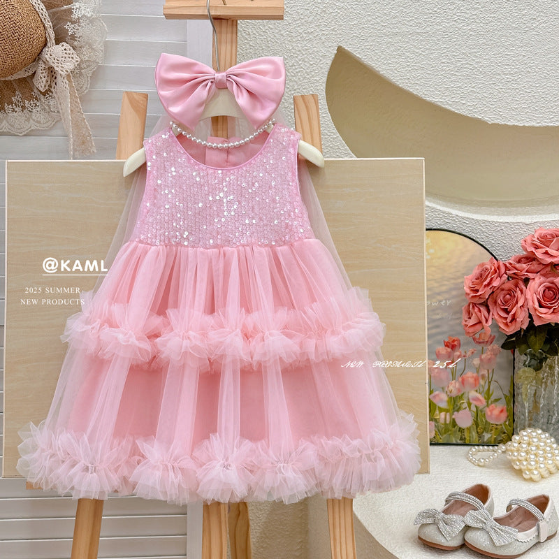 Girls' sequin mesh dress - new summer  style: chic tank dress, tiered cake dress, perfect birthday gift for your daughter