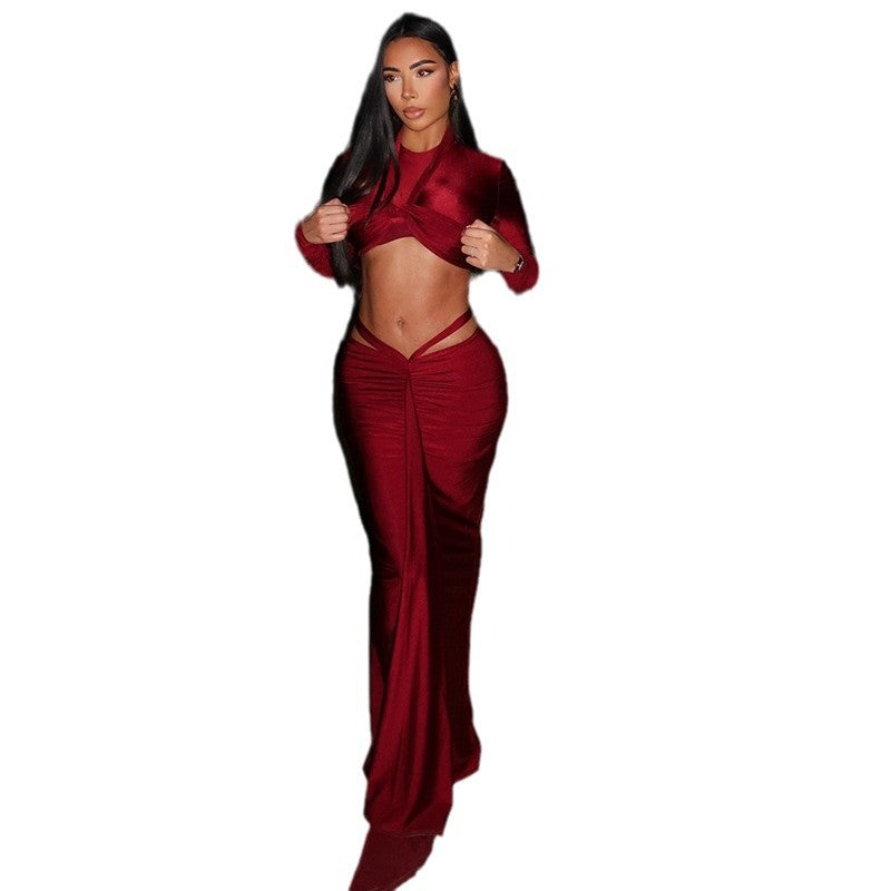 European and American  women's clothing solid color fashion sexy skirt set long sleeve long skirt round neck slim wear thin two-piece set