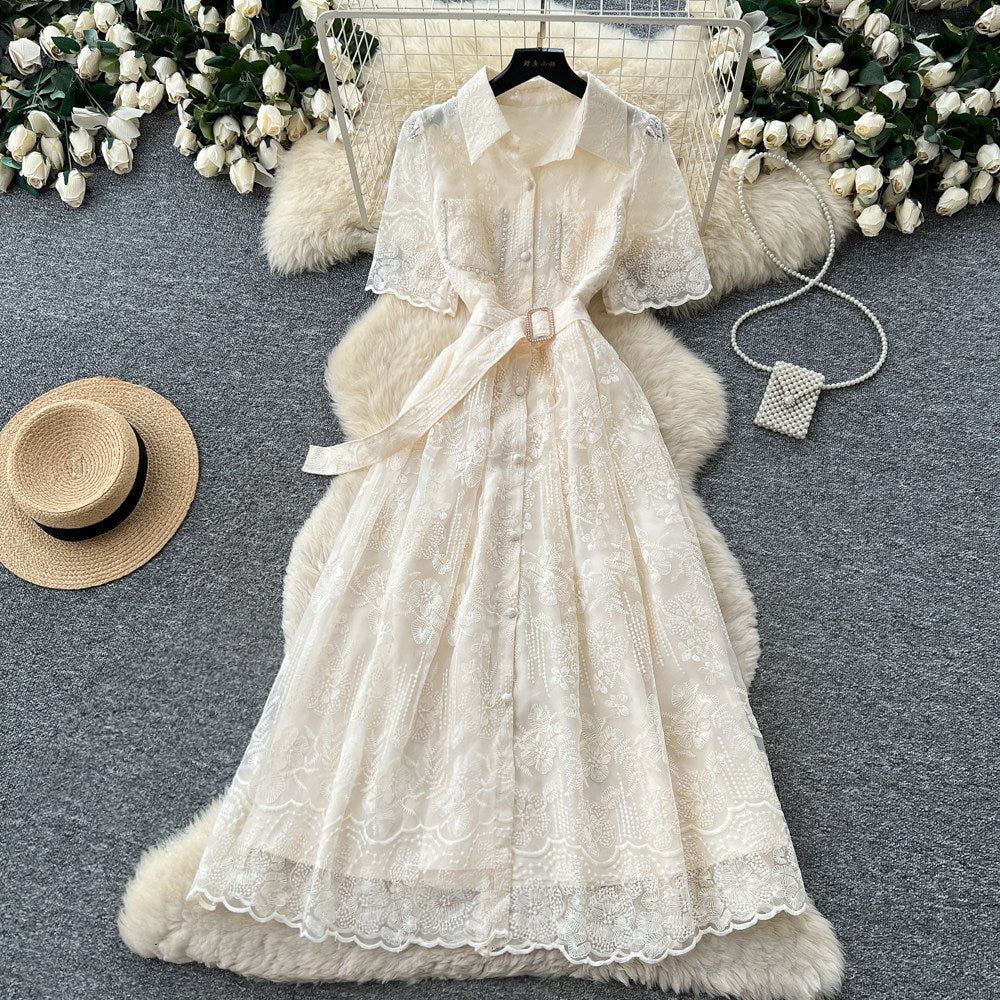 French chic embroidered lace dress - women's summer korean style a-line midi dress with cinched waist - perfect for work and everyday wear