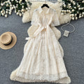 French chic embroidered lace dress - women's summer korean style a-line midi dress with cinched waist - perfect for work and everyday wear