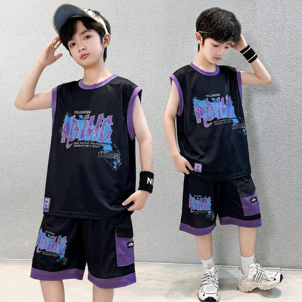 Boys'  summer new sleeveless tank top and waffle knit shorts set - trendy two-piece casual outfit for mid-to-large children