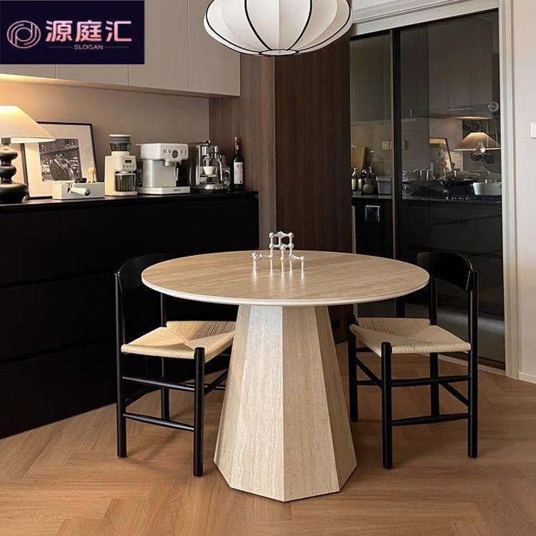Nordic roman round table with travertine rock slab top, dining set for small spaces, retro high-end minimalist round dining table