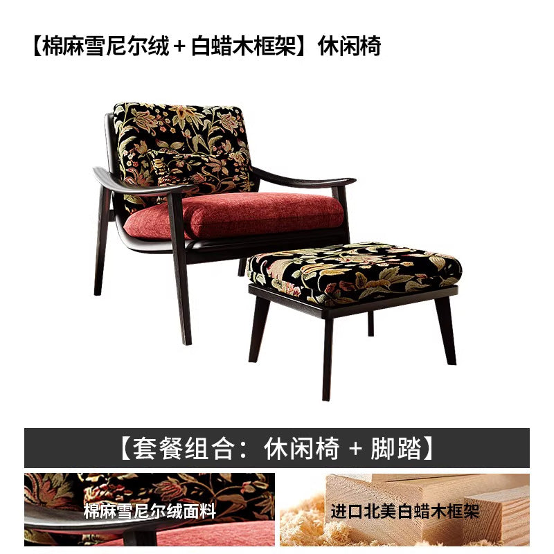 Imported white ash wood single sofa chair - vintage french style living room balcony solid wood chair - premium single sofa chair