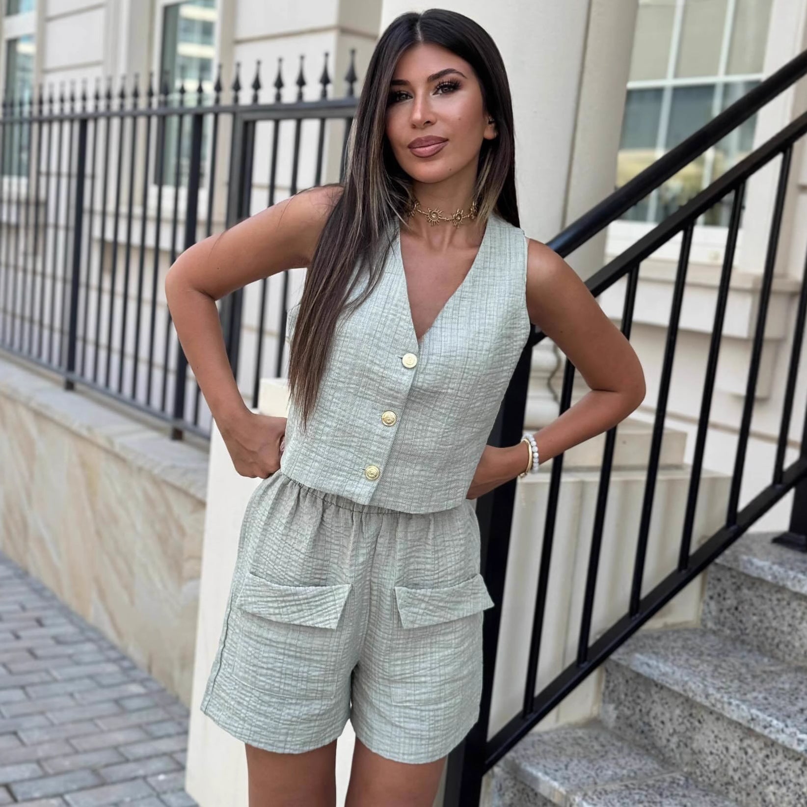 Cross-border European and American high-end sleeveless cardigan vest top temperament thin shorts women's  new two-piece set