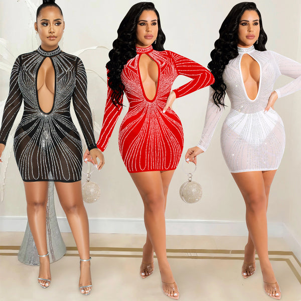 X5565   Fashion New Nightclub Hot Diamond Mesh Perspective Long Sleeve Hollow Middress Dress