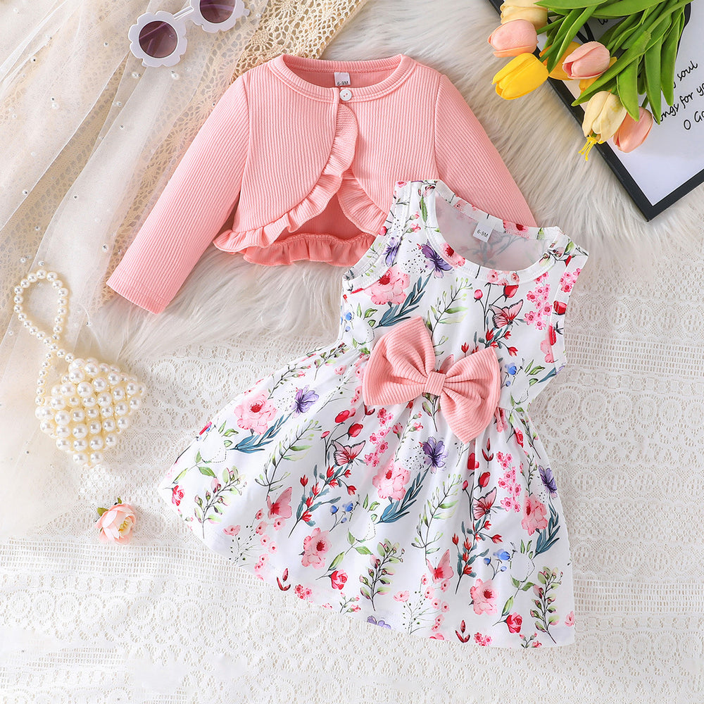foreign trade exclusive solid color shrug and sleeveless dress butterfly embellished printed dress set