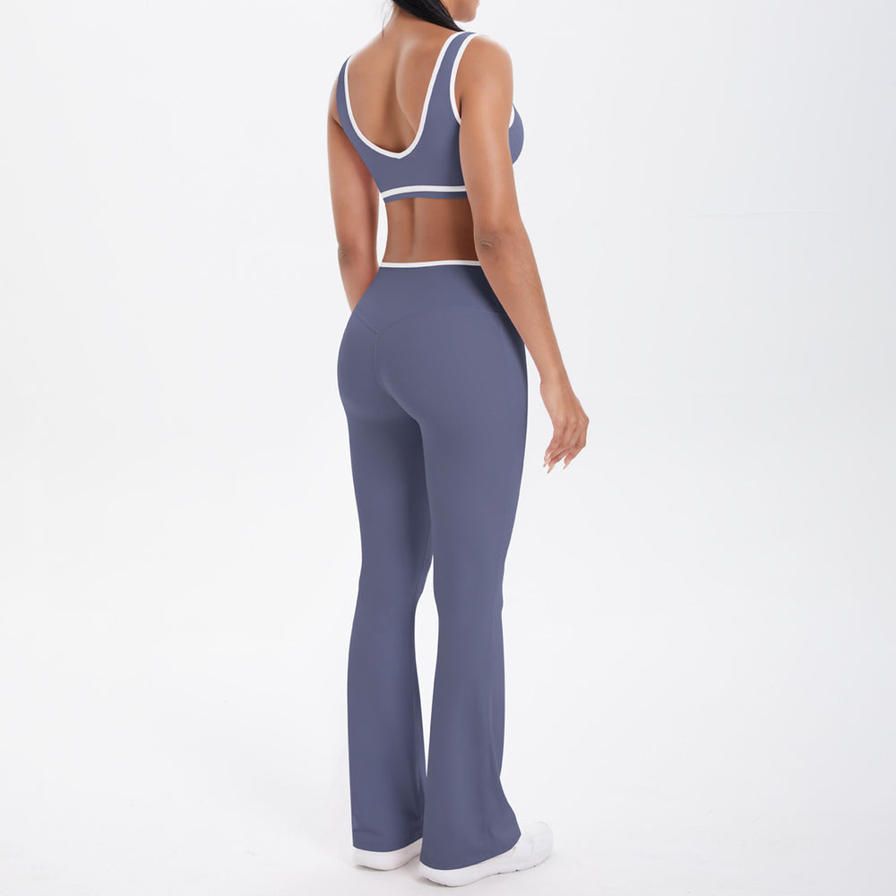 new color block spliced high-waisted flared leggings and top activewear set for women - perfect for outdoor running, fitness, and yoga