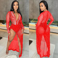 C5729   fashion women's nightclub rhinestone deep v long sleeve slit maxi dress