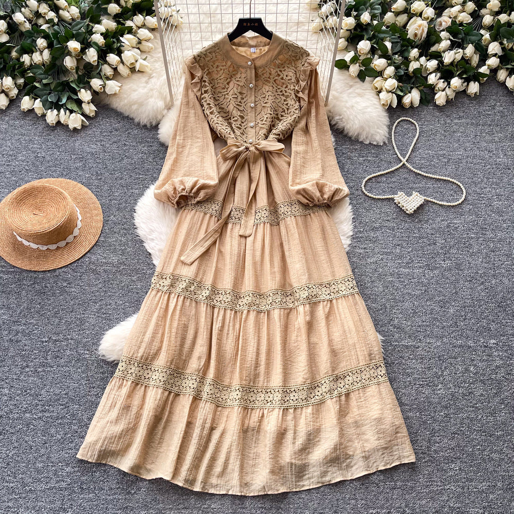 Frenchretro style lacepatchworkdress women's spring long k-style sleeve waist a-line skirt elegant over-the-knee long skirt